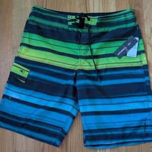 O'Neill Men's Swim Shorts - Black, Green, and Blue Stripes